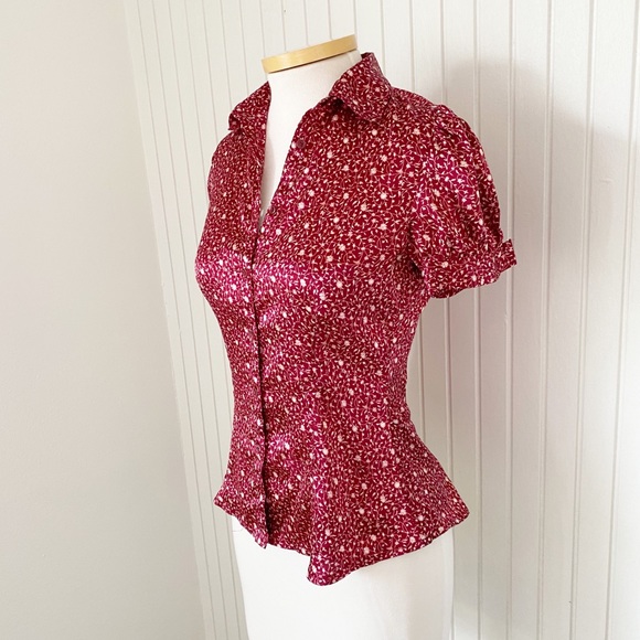 MNG Maroon Red Cream Floral Short Sleeve Button Down Fitted Top Shirt Size 2 - Picture 8 of 8